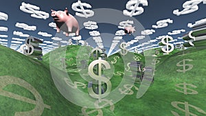 Money success fantasy landscape with floatin pigs