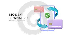Money success transaction in mobile app concept. 3D cartoon design element smartphone, arrows and credit cards. Transfer currency