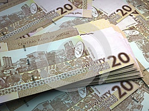 Sudan money. Sudanese pound banknotes. 20 SDG pounds bills. 3d illustration