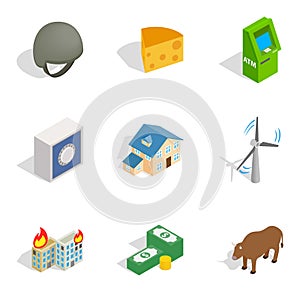 Money supply icons set, isometric style