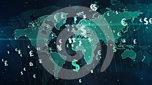 Money symbols on digital world map loop and seamless background