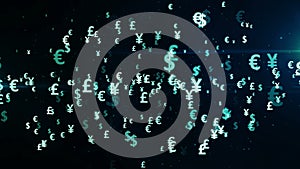 Money symbols on digital world map loop and seamless background