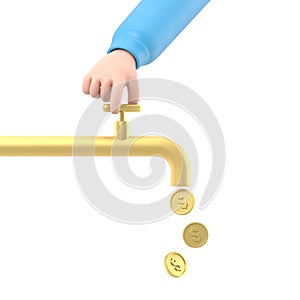 Money tap. 3d illustration flat design. Open a water tap,gold coins fall. Finance faucet. Achievement success.
