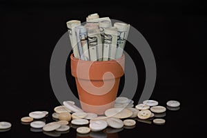 Money in terracotta pot with buttons