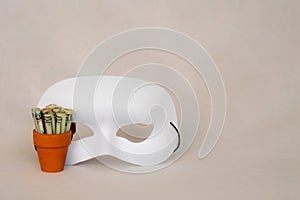 Money in terracotta pot with white mask