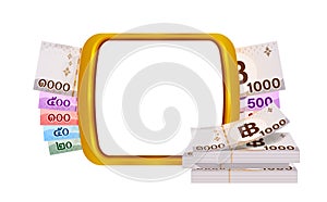 Money thai banknote and golden frame for banner copy space, banknote money baht and gold square shape for text, paper money for