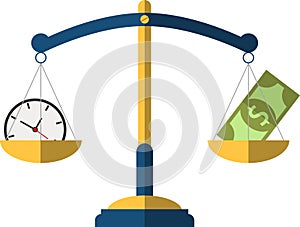Money and Time balance on the scale. Business Concept