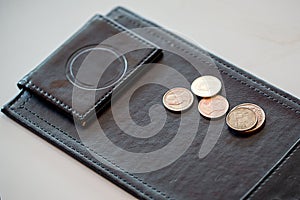 Money tip, coin on payment black leather tray