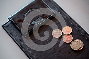 Money tip, coin on payment black leather tray