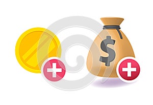 Money top up deposit icon vector graphic, flat 3d cash coin balance addition with plus sign illustration set, bank account app