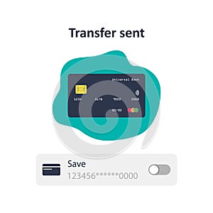 Money transaction online concept. Credit card payment. Save credit card number. Sent payment. Vector