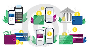 Money transactions. Cash transfers, mobile payments using smartphone and credit card transfer vector illustration set