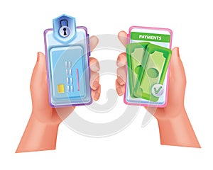 Money transfer 3D icon, vector mobile bank payment, hand holding smartphone, online wallet, card.