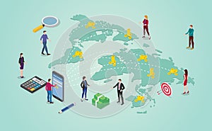 Money transfer concept with people sending money around world destination global or international with isometric 2d style - vector