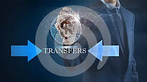 Money transfer in digital world, business and technology concept 3D illustration