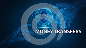 Money transfer in digital world, business and technology concept 3D illustration