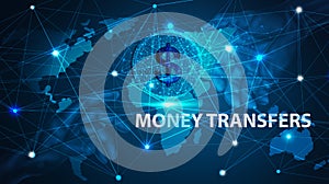 Money transfer in digital world, business and technology concept 3D illustration