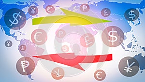 Money transfer exchange market forex global currency with currencies symbols financial