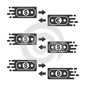 Money Transfer Icons Set, Currency Exchange Logo, Crypto Financial Services. Vector