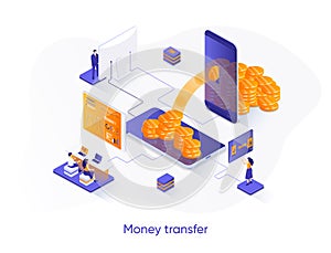 Money transfer isometric web banner. Internet banking mobile application isometry concept. Online money transaction and payment