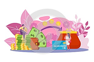 Money transfer, mobile banking vector illustration. Online payment technology, financial app transaction. People