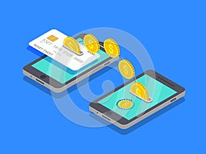 Money transfer in mobile isometric. Payment transaction from credit card to phone. Online sending currency in smartphone