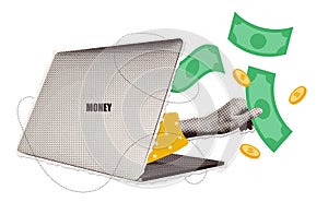 Money transfer, online banking concept in halftone collage style. Banknotes flies out of an open laptop. Hand catches