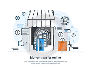 Money transfer online banking operations and services web banner. Smartphone application for financial transaction, digital wallet