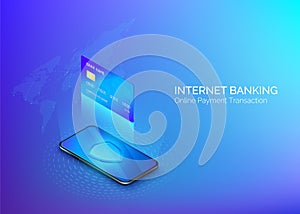 Money transfer or online payment. Banking online service. Internet shopping. Credit card above mobile phone isometric banner.