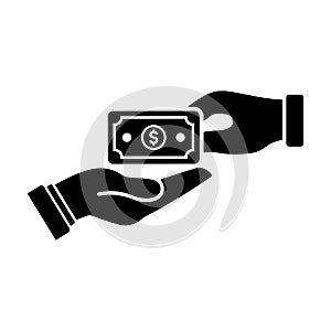 Money transfer, payment, hand icon. black vector graphics