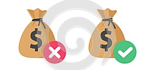 Money transfer transaction payment cancel icon vector graphic, declined approved finance status check mark, suspended blocked bank