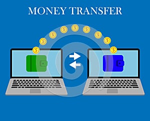 Money transfer. Two laptops with wallets on screen and transferred gold coins. Send money online, remittance, online payment, photo