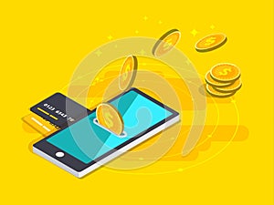 Money transfer via cellphone in isometric vector design. Digital