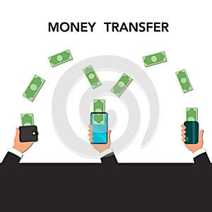 Money transfer via mobile phone vector illustration, flat cartoon person hands via smartphones with cash wallets, credit