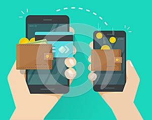 Money transfer via mobile phone vector illustration, flat cartoon smartphones with cash wallets, coins credit cards