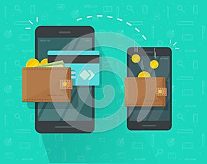 Money transfer via mobile phone vector illustration, flat person hands via smartphones with cash wallets, coins and