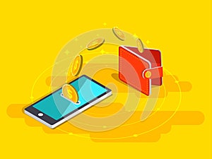 Money transfer from wallet into cellphone in isometric vector de