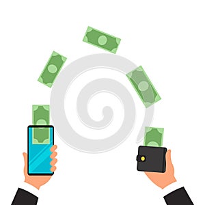 Money transfer from wallet into cellphone in isometric vector design. Digital payment or online cashback service. Mobile