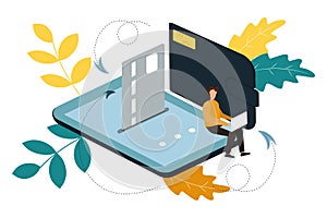 Money transfer between wallet and smartphone, flat styling. Vector illustration of online payment, money transaction
