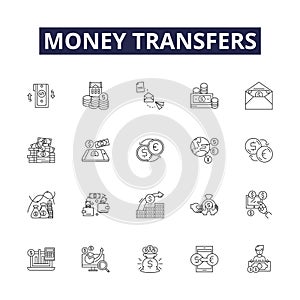 Money transfers line vector icons and signs. Payments, Exchange, Transfers, Funds, Banking, Wire, Disburse, Banker's