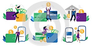 Money transfers. People sent money from wallet to bank card, mobile payments and financial transactions vector
