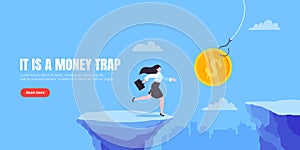 Money trap business concept. Young adult businesswoman running to catch the money.