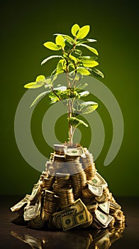 Money tree with banknotes as leaves growing on a pile of money showcasing the concept of financial growth and passive income