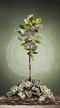 Money tree with banknotes as leaves growing on a pile of money showcasing the concept of financial growth and passive income