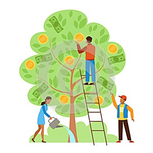 Money tree. Characters picking cash from money tree, income growing metaphor, investors strategy profitable startup photo