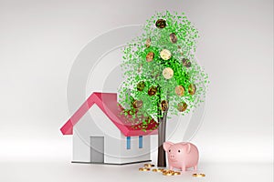 Money tree with coin and leaf, coin falling around model house and piggy bank, bank saving money for buy house concept, 3d render