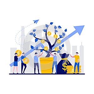 Money tree concept with tiny character. Business people work with gold coins grow in pot flat vector illustration. Investment and