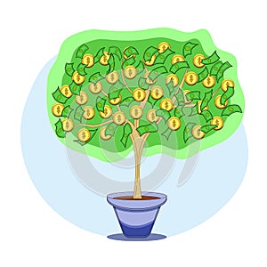 Money tree with dollar bills and gold coins. Metaphor for the growth of profit and wealth. Vector illustration on white background