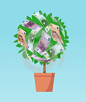 Money tree with euro banknotes growing