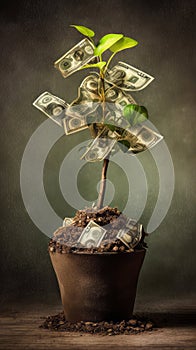 Money tree in a flower pot with banknotes as leaves showcasing the concept of financial growth and passive income, dividends